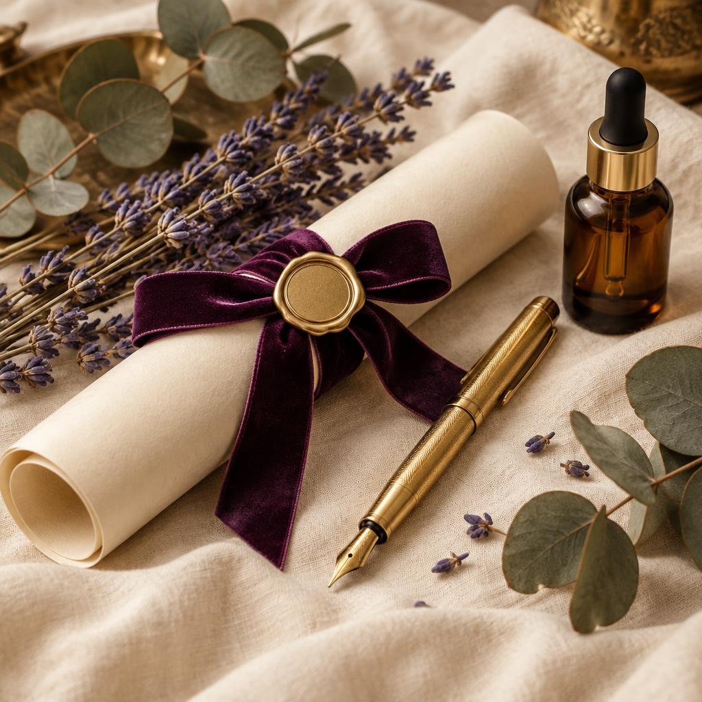 Pergaminho com fita ameixa e selo dourado ao lado de caneta e sérum capilar